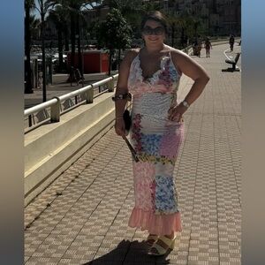 Strappy Ruffle Midi Dress in Patchwork Design